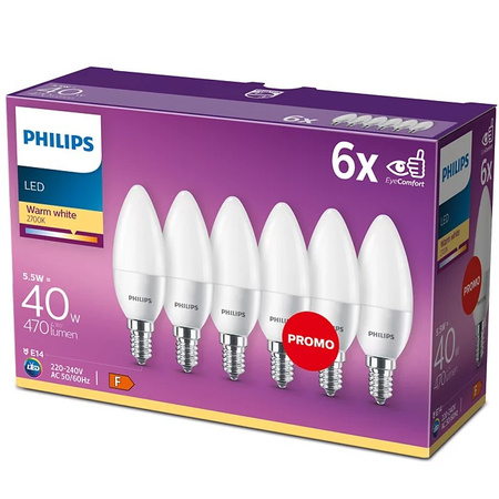 Zestaw 6x Żarówka LED Świeczka E14 B35 4.9W = 40W 470lm 2700K Ciepła Matowa PHILIPS