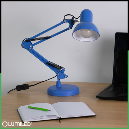 Lampka Biurkowa Kreślarska Stołowa E27 TOBI Niebieska Lumiled + uchwyt na blat