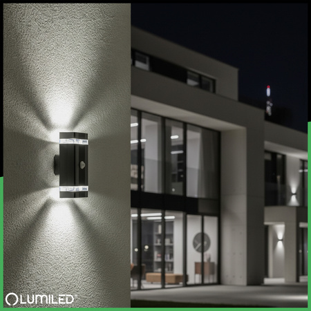 Lampa Ogrodowa Kinkiet Elewacyjny góra dół 2x GU10 Czarny Czujnik Ruchu i Zmierzchu IP54 HEDERA LUMILED
