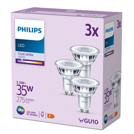 3x Żarówka LED GU10 Reflektor PAR16 3.5W = 35W 275lm 4000K Neutralna 36° EC Multipack Philips
