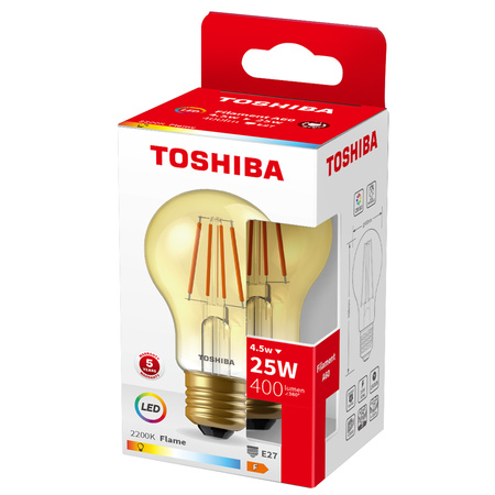Żarówka LED E27 A60 4,5W = 25W 400lm 2200K Ciepła Filament Bursztynowa TOSHIBA