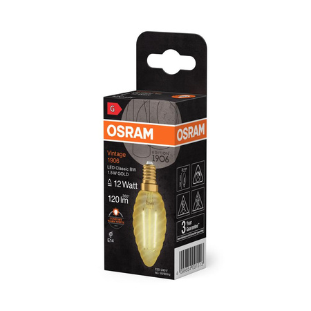 Żarówka LED Dekoracyjna B33 Świeczka E14 1.5W = 12W 120lm 2400K Ciepła 300° Vintage 1906 Osram