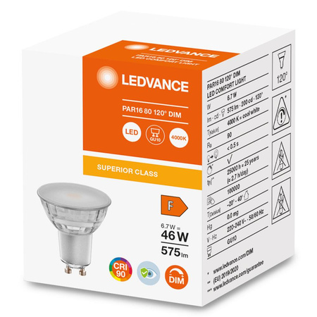 Żarówka LED GU10 6,7W = 48W 575lm 4000K Neutralna 120° CRI90 Ściemnialna Szklana LEDVANCE Superior