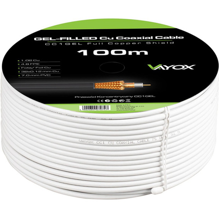 Przewód Kabel Antenowy Koncentryczny Miedź Żel CU Ziemny 4K Full HD Biały 100M VAYOX