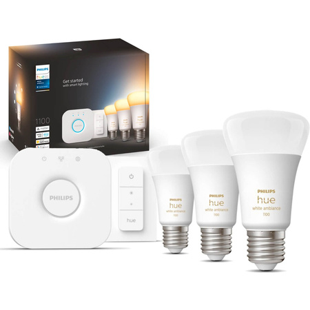 3PAK Żarówka LED E27 A60 8W CCT PHILIPS HUE White & Ambiance Bluetooth Zigbee + Mostek Hue Bridge + Przełącznik Dimmer Switch