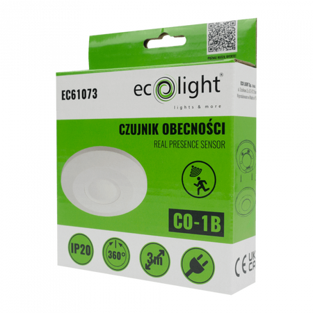Czujnik Ruchu i Zmierzchu Czujnik Obecności PIR Natynkowy Sufitowy Biały 3m 360° CO Ecolight