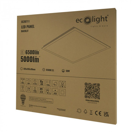 Panel LED 60x60 Kaseton Wpuszczany Podtynkowy 50W 6500lm 6500K Zimna Biały Backlit Ecolight