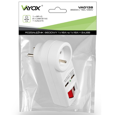 Rozgałęźnik Sieciowy Elektryczny Z Włącznikiem 2x USB 1x 2P+0 Złodziejka VAYOX