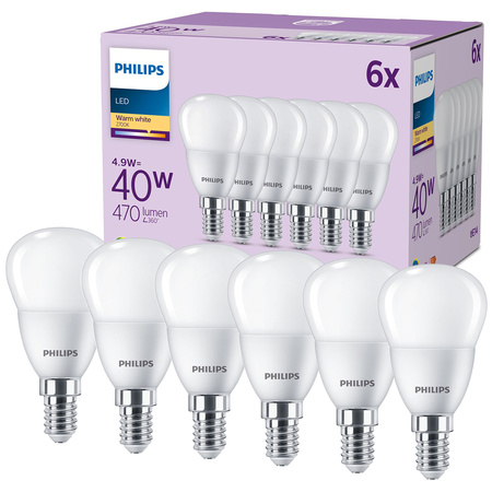6x Żarówka LED E14 Kulka P45 4.9W = 40W 470lm 2700K Ciepła EC Multipack Philips