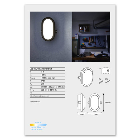 Lampa LED Przemysłowa Zewnętrzna Kinkiet Elewacyjny 6W 420lm 4000K IP54 Biały Z Modułem Awaryjnym Bulkhead Ledvance