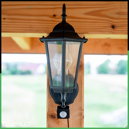 Lampa Ogrodowa Kinkiet Elewacyjny Zewnętrzny E27 LED Latarnia Czujnik Ruchu BELLIS Czarna LUMILED