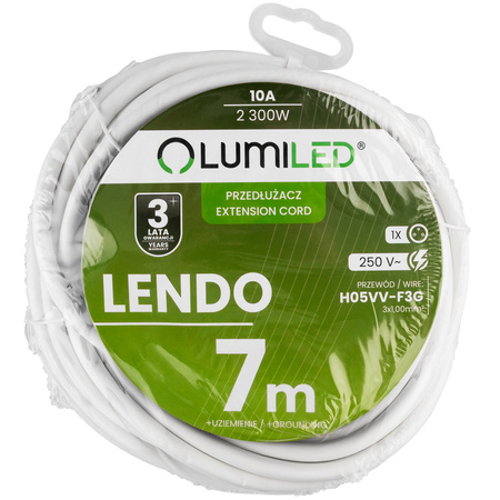 Przedłużacz Sieciowy Kabel z Uziemieniem Listwa Zasilająca 1 Gniazdo 7m Biały Sznur Lendo Lumiled