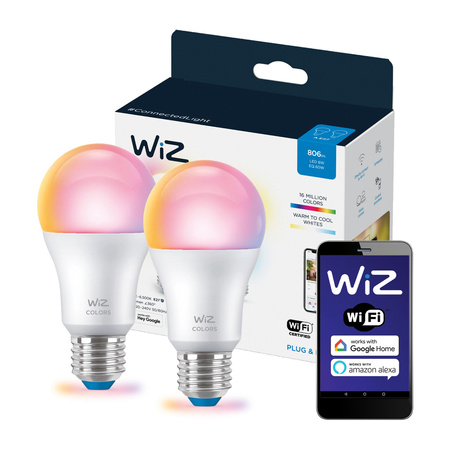 2x Żarówka LED E27 A60 8W = 60W 2200-6500K + RGB SMART WiFi WiZ