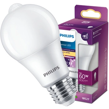 Żarówka LED E27 A60 8W = 60W 806lm 2700K Ciepła 280° PHILIPS Czujnik Ruchu i Zmierzchu