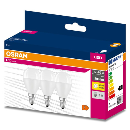 3x Żarówka LED P45 Kulka E14 6.5W = 60W 806lm 2700K Ciepła 150° VALUE CLASSIC Osram