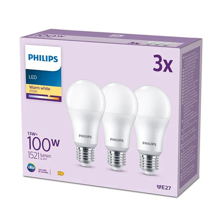 Zestaw 3x Żarówka LED E27 A65 13W = 100W 1521lm 2700K Ciepła 150° PHILIPS 