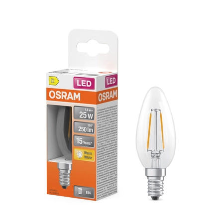 Żarówka LED B35 E14 Świeczka 1.8W = 25W 250lm 2700K Ciepła 300° Filament STAR CLASSIC Osram