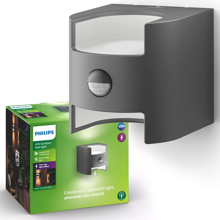 Kinkiet Ogrodowy Lampa Elewacyjna Zewnętrzna LED 9W 800lm 2700K IP44 z Czujnikiem Ruchu i Zmierzchu Antracyt Grass Philips