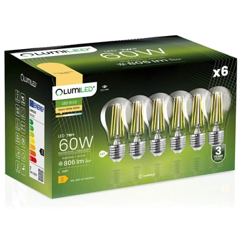 Zestaw 6x Żarówka LED A60 E27 7W = 60W 806lm 3000K Ciepła 360° Filament LUMILED