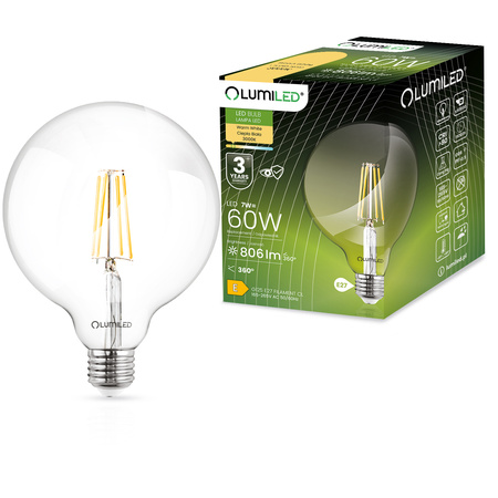 Żarówka Dekoracyjna Kulista LED E27 G125 7W = 60W 806lm 3000K Ciepła 360° Filament LUMILED globe