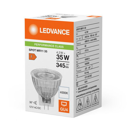 Żarówka LED MR11 GU4 4.2W = 35W 345lm 4000K Neutralna Biała 12V FILAMENT LEDVANCE