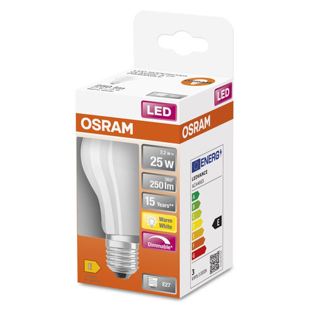 Żarówka LED A60 E27 2.2W = 25W 250lm 2700K Ciepła 300° Ściemnialna Retrofit Filament CLASSIC Osram