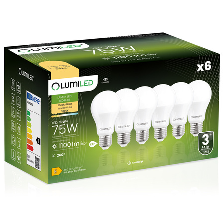 6x Żarówka LED E27 A60 10W = 75W 1100lm 3000K Ciepła 260° LUMILED