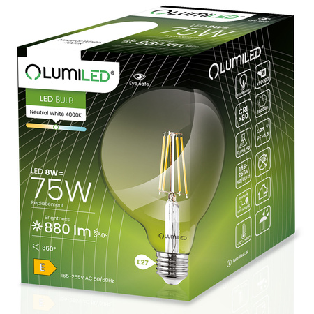 Zestaw 3x Żarówka LED E27 G95 8W = 75W 4000K Neutralna Globe Filament LUMILED