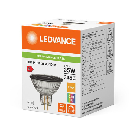 Żarówka LED MR16 GU5.3 5W = 35W 345lm 2700K Ciepła Biała 12V FILAMENT ŚCIEMNIALNA LEDVANCE