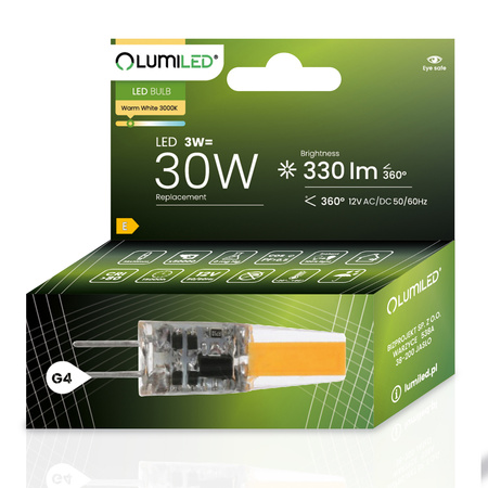 Żarówka LED G4 Kapsułka 3W = 30W 330lm 3000K Ciepła 360° 12V FILAMENT LUMILED