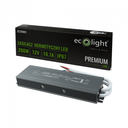 Zasilacz do Taśm LED Hermetyczny 200W 12V 1.66A IP67 PREMIUM Ecolight