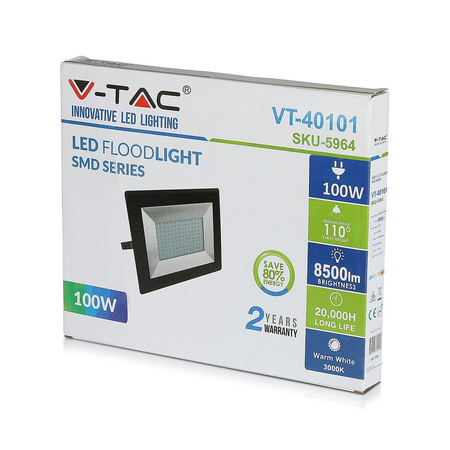 Naświetlacz LED 100W 8500lm 3000K IP65 Czarny SMD VT-40101B V-TAC