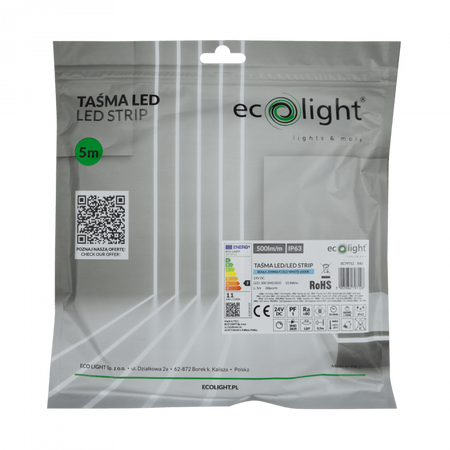 Taśma LED Pasek SMD 2835 10.8W/m 500lm/m 60LED/m 24V 6500K Zimna IP63 Rolka 5m Ecolight