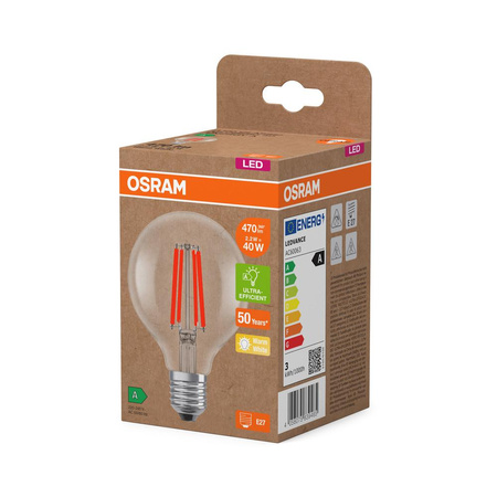 Żarówka LED G80 Kula E27 2.2W = 40W 470lm 2700K Ciepła 330° Filament CLASSIC ENERGY EFFICIENCY Osram