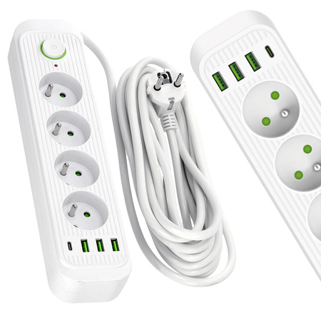 Przedłużacz  CONNECTO 4x230V 5m 4GN Uziemienie Wyłącznik 4xUSB Biały Kobi
