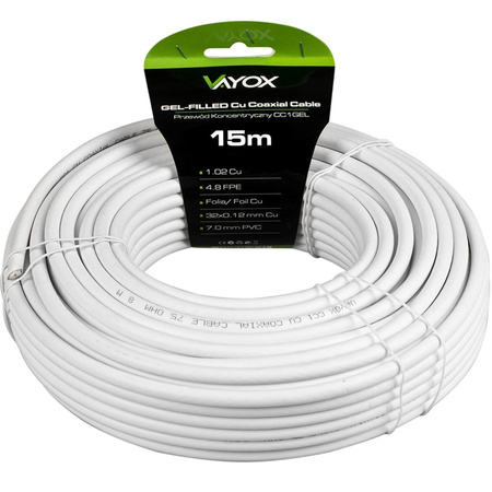 Przewód Kabel Antenowy Koncentryczny Miedź Żel CU Ziemny 4K Full HD Biały 15M VAYOX