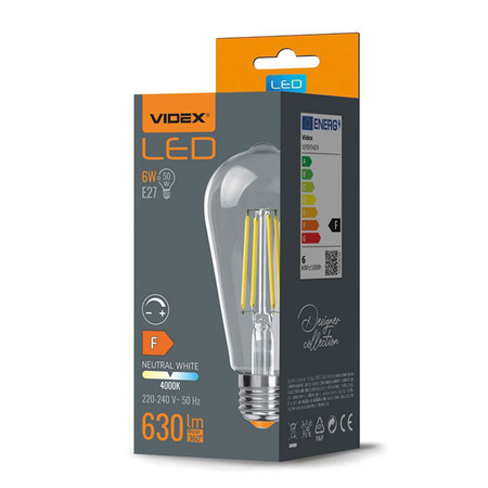 Żarówka LED E27 ST64 Edison 6W = 50W 630lm 4000K Neutralna 360° FILAMENT Ściemnialna Videx