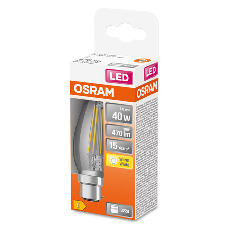 Żarówka LED B35 Świeczka B22d 4W = 40W 470lm 2700K Ciepła 300° Retrofit Filament CLASSIC Osram