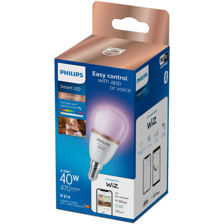 Żarówka LED E14 Kulka P45 4.9W = 40W 470lm 2200-6500K RGB + TW Inteligentna SMART WiFi Bluetooth Aplikacja WiZ Philips