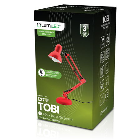 Lampka Biurkowa Kreślarska Stołowa E27 TOBI Czerwona Lumiled + uchwyt na blat