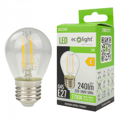 Żarówka LED Kulka P45 E27 2W 240lm 2700K Ciepła FILAMENT Ecolight