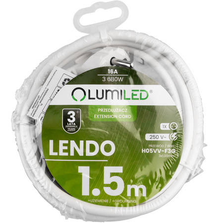 Przedłużacz Sieciowy Kabel z Uziemieniem Listwa Zasilająca 1 Gniazdo 1.5m Biały Sznur Lendo Lumiled