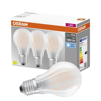 3PAK Żarówka LED E27 A60 7,5W = 75W 1055lm 4000K Neutralna 300° Filament OSRAM BASE