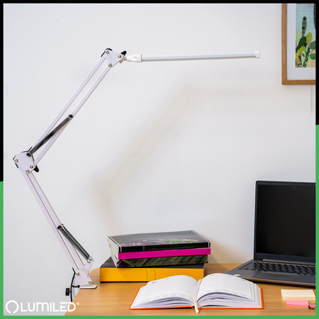 Lampka Biurkowa Kreślarska Stołowa LED 8W CCT USB Ściemnialna COSMI Biała z uchwytem Lumiled