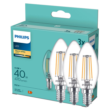 3x Żarówka LED E14 Świeczka B35 4,3W = 40W 470lm 2700K Ciepła FILAMENT Philips