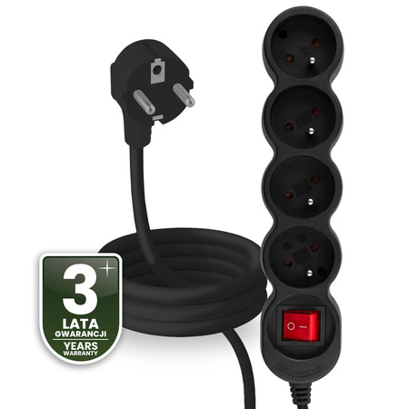 Przedłużacz Sieciowy Kabel z Uziemieniem Listwa Zasilająca 4 Gniazda 1.5m Włącznik ON/OFF Czarny Sznur Lendo Lumiled