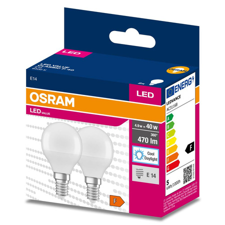 2x Żarówka LED P45 Kulka E14 4.9W = 40W 470lm 6500K Zimna 200° VALUE CLASSIC Osram