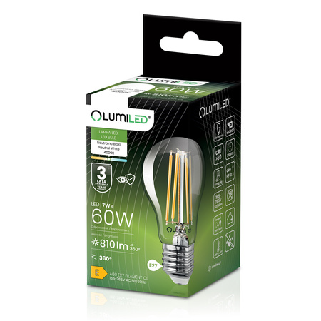 Żarówka LED E27 A60 7W = 60W 810lm 4000K Neutralna 360° FILAMENT LUMILED
