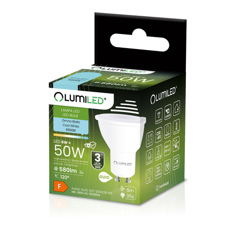 10x Żarówka LED GU10 Reflektor PAR16 6W = 50W 580LM 6500K Zimna 120° z Czujnikiem Ruchu i Zmierzchu LUMILED