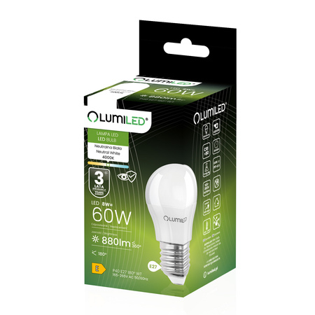 Żarówka LED E27 Kulka P45 8W = 60W 880lm 4000K Neutralna 180° LUMILED